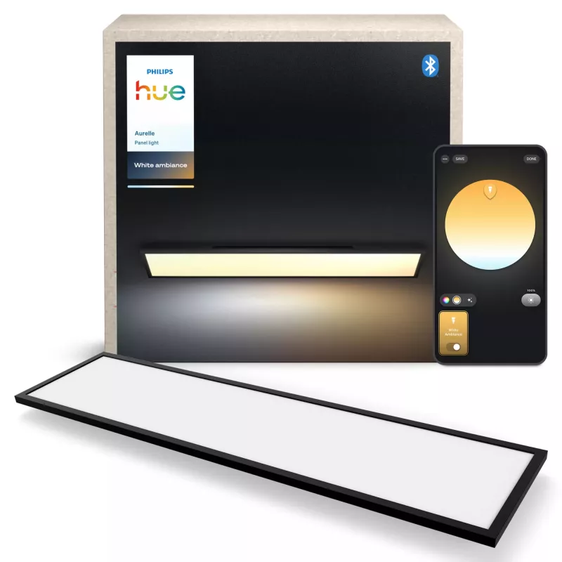 Inteligentna lampa sufitowa Signify Philips Aurelle Rectangle Panel — Bluetooth/Zigbee, 1200×300×48 mm, czarny