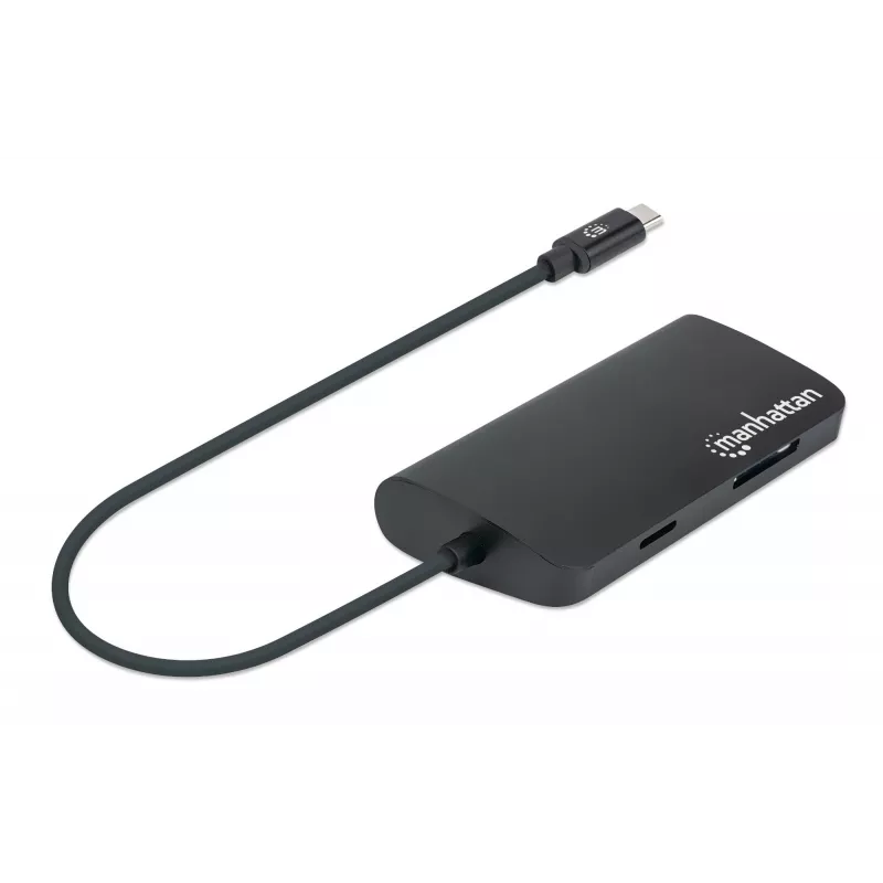 Stacja dokująca/Hub Manhattan USB-C z czytnikiem kart, porty (x5): Ethernet, USB-A (3) i USB-C, 5 Gb/s (USB 3.2 Gen 1 znane jako USB 3.0), z zasilaniem Power Delivery (100 W) do portu USB-C (Uwaga: wymagany dodatkowy zasilacz sieciowy USB-C i kabel USB-C), uniwersalna do wszystkich urządzeń, aluminium