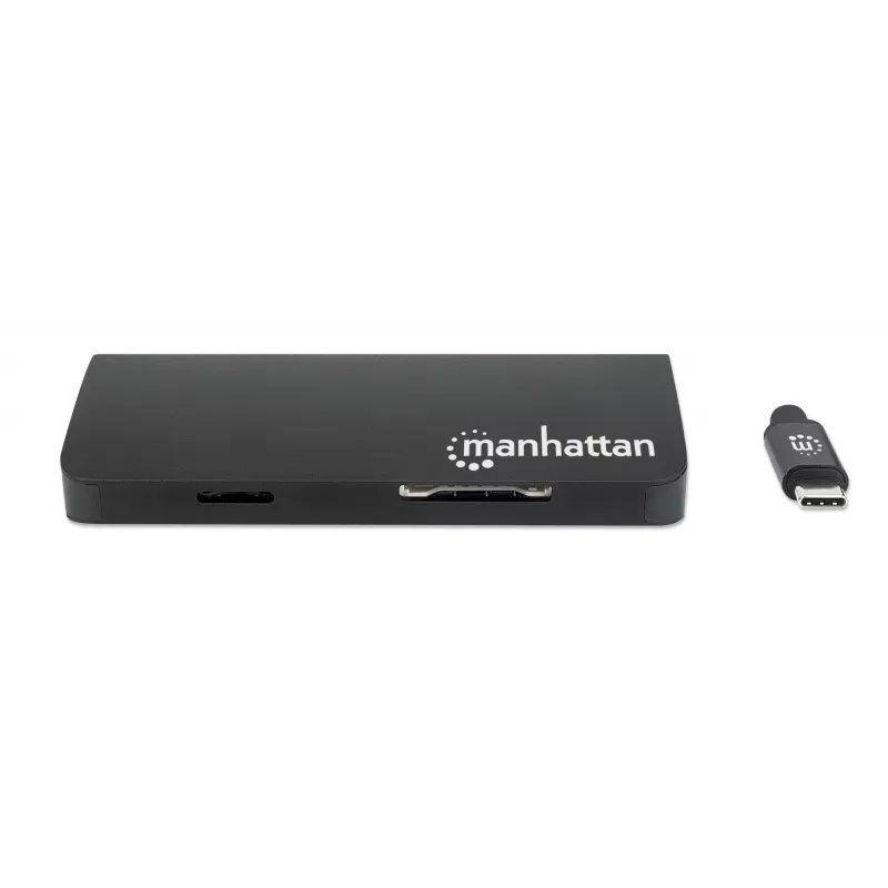 Stacja dokująca/Hub Manhattan USB-C z czytnikiem kart, porty (x5): Ethernet, USB-A (3) i USB-C, 5 Gb/s (USB 3.2 Gen 1 znane jako USB 3.0), z zasilaniem Power Delivery (100 W) do portu USB-C (Uwaga: wymagany dodatkowy zasilacz sieciowy USB-C i kabel USB-C), uniwersalna do wszystkich urządzeń, aluminium