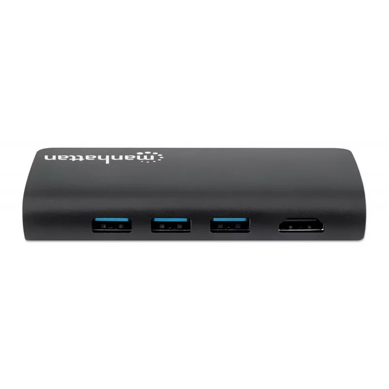 Stacja dokująca/Hub Manhattan USB-C z czytnikiem kart, porty (x5): Ethernet, USB-A (3) i USB-C, 5 Gb/s (USB 3.2 Gen 1 znane jako USB 3.0), z zasilaniem Power Delivery (100 W) do portu USB-C (Uwaga: wymagany dodatkowy zasilacz sieciowy USB-C i kabel USB-C), uniwersalna do wszystkich urządzeń, aluminium