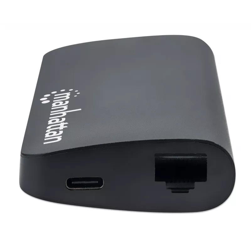 Stacja dokująca/Hub Manhattan USB-C z czytnikiem kart, porty (x5): Ethernet, USB-A (3) i USB-C, 5 Gb/s (USB 3.2 Gen 1 znane jako USB 3.0), z zasilaniem Power Delivery (100 W) do portu USB-C (Uwaga: wymagany dodatkowy zasilacz sieciowy USB-C i kabel USB-C), uniwersalna do wszystkich urządzeń, aluminium
