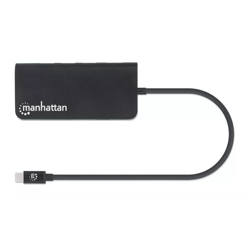 Stacja dokująca/Hub Manhattan USB-C z czytnikiem kart, porty (x5): Ethernet, USB-A (3) i USB-C, 5 Gb/s (USB 3.2 Gen 1 znane jako USB 3.0), z zasilaniem Power Delivery (100 W) do portu USB-C (Uwaga: wymagany dodatkowy zasilacz sieciowy USB-C i kabel USB-C), uniwersalna do wszystkich urządzeń, aluminium