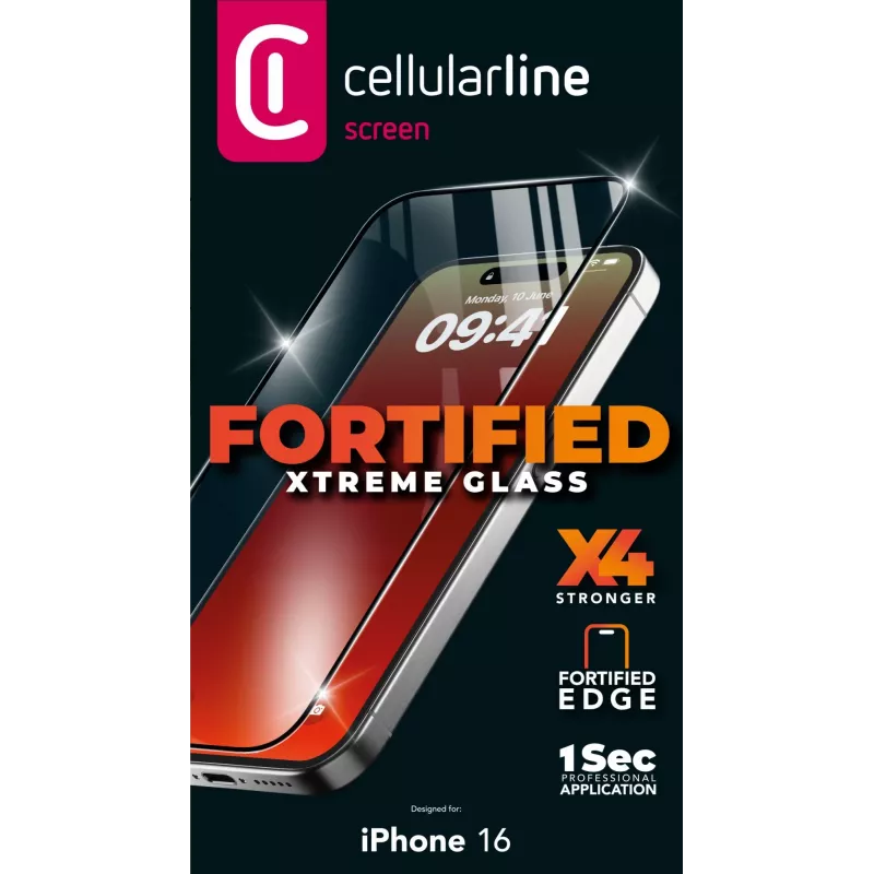 Cellularline Fortified Xtreme Glass - iPhone 16 Ultra-ochronne szkło hartowane ze wzmocnionymi krawędziami, łatwe w aplikacji i ultraodporne
