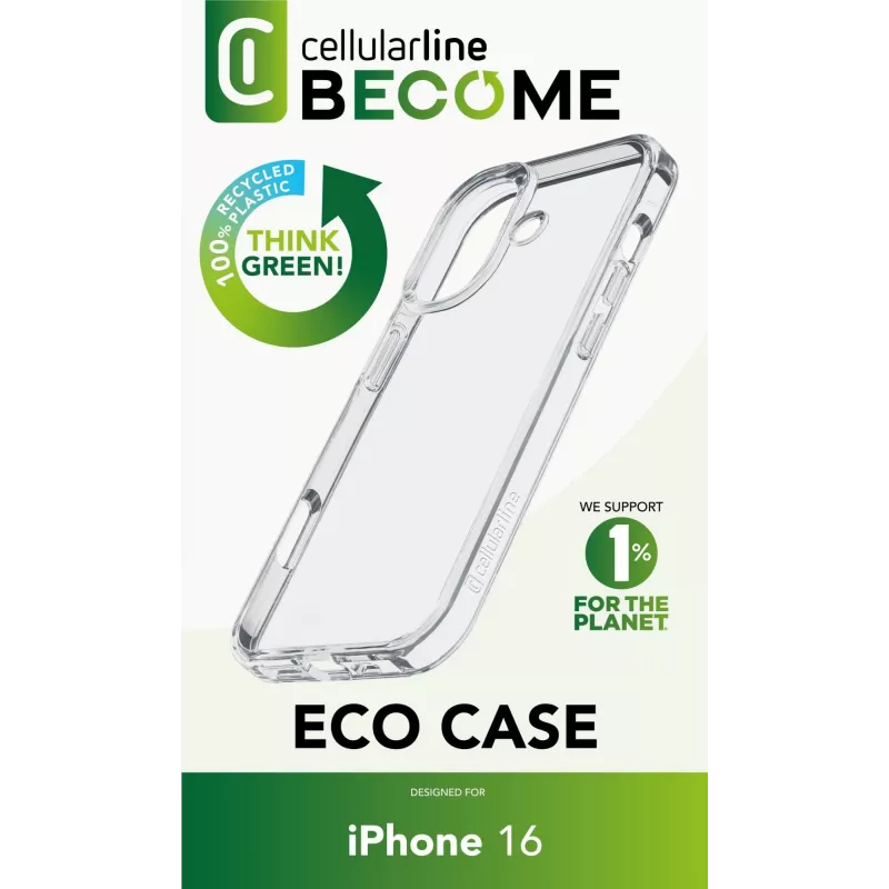 Cellularline Become Case - etui iPhone 16 wykonane w 100% z plastiku z recyklingu