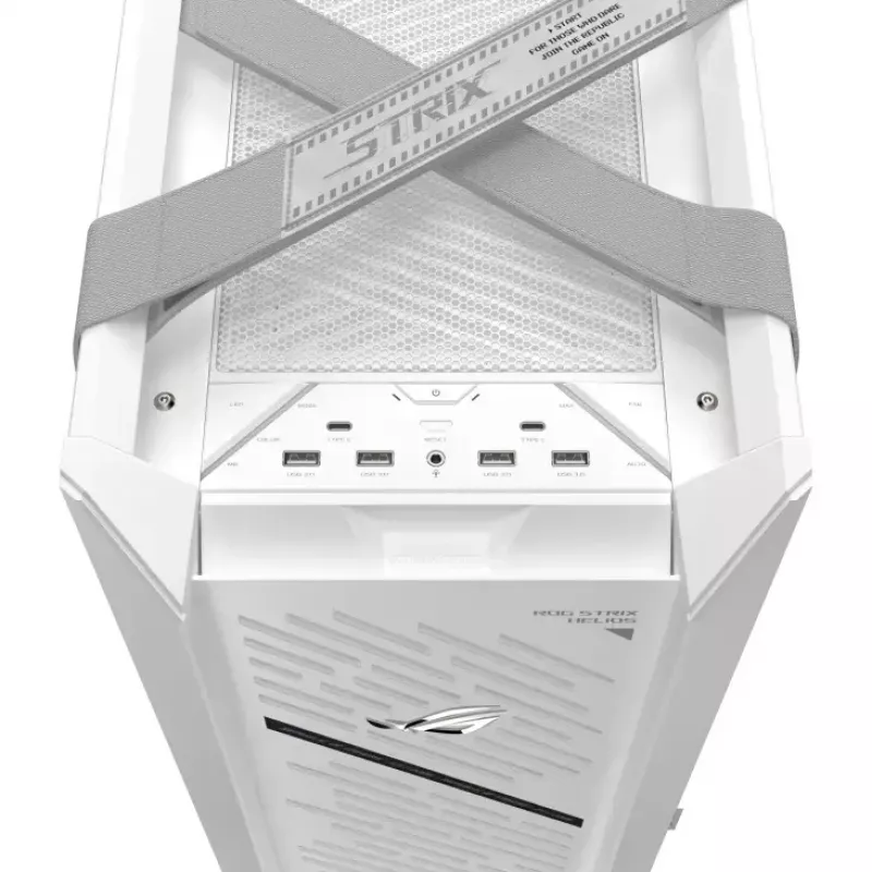 Obudowa PC ASUS ROG Strix Helios II Midi Tower Biała — obsługuje EATX/ATX/Micro‑ATX/Mini‑ITX, 3x140mm z przodu + 1x140mm z tyłu, 2×3,5 cala + 4×2,5 cala zatoki, hartowane szkło