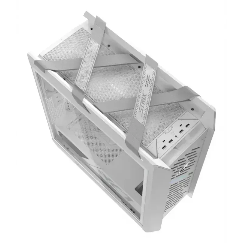 Obudowa PC ASUS ROG Strix Helios II Midi Tower Biała — obsługuje EATX/ATX/Micro‑ATX/Mini‑ITX, 3x140mm z przodu + 1x140mm z tyłu, 2×3,5 cala + 4×2,5 cala zatoki, hartowane szkło