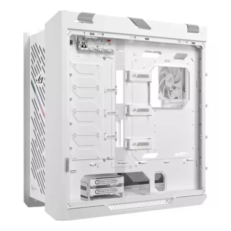 Obudowa PC ASUS ROG Strix Helios II Midi Tower Biała — obsługuje EATX/ATX/Micro‑ATX/Mini‑ITX, 3x140mm z przodu + 1x140mm z tyłu, 2×3,5 cala + 4×2,5 cala zatoki, hartowane szkło