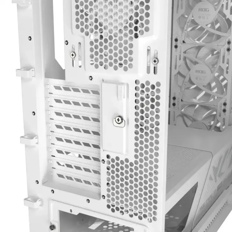 Obudowa PC ASUS ROG Strix Helios II Midi Tower Biała — obsługuje EATX/ATX/Micro‑ATX/Mini‑ITX, 3x140mm z przodu + 1x140mm z tyłu, 2×3,5 cala + 4×2,5 cala zatoki, hartowane szkło