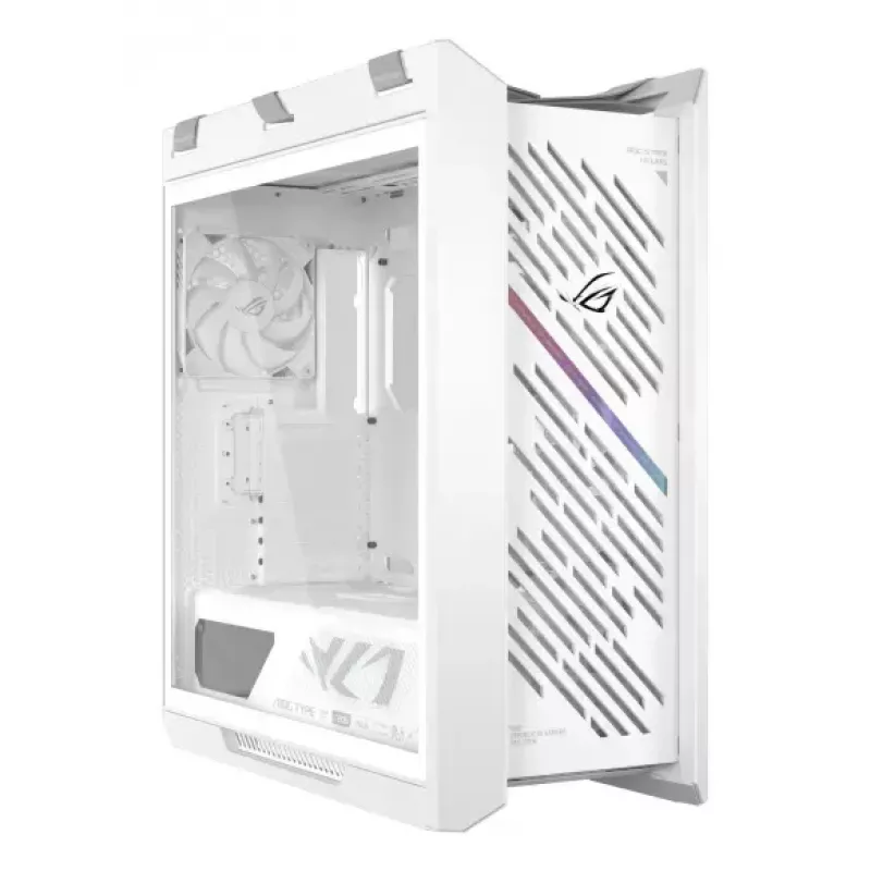 Obudowa PC ASUS ROG Strix Helios II Midi Tower Biała — obsługuje EATX/ATX/Micro‑ATX/Mini‑ITX, 3x140mm z przodu + 1x140mm z tyłu, 2×3,5 cala + 4×2,5 cala zatoki, hartowane szkło