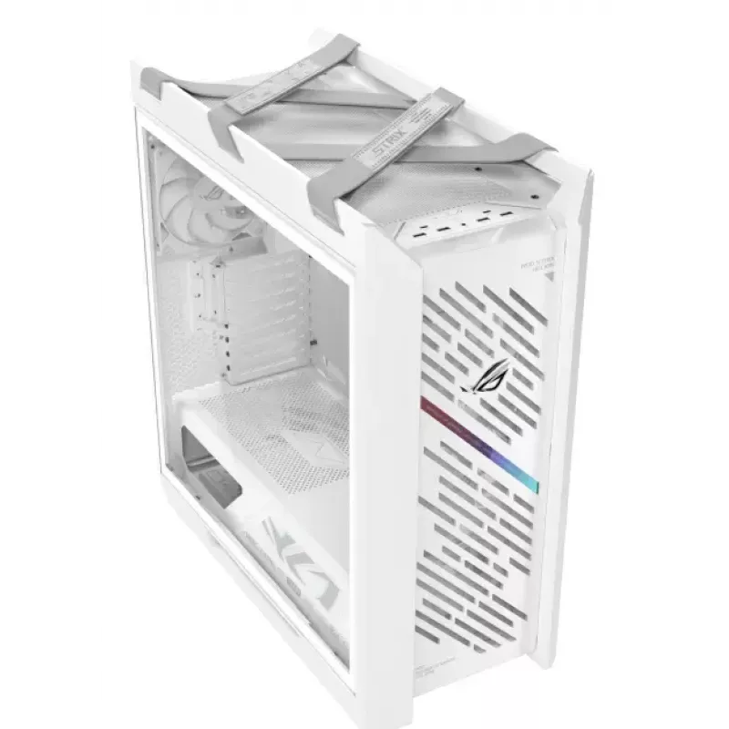 Obudowa PC ASUS ROG Strix Helios II Midi Tower Biała — obsługuje EATX/ATX/Micro‑ATX/Mini‑ITX, 3x140mm z przodu + 1x140mm z tyłu, 2×3,5 cala + 4×2,5 cala zatoki, hartowane szkło