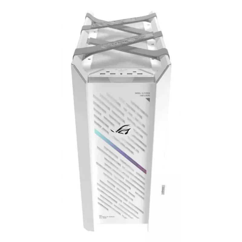 Obudowa PC ASUS ROG Strix Helios II Midi Tower Biała — obsługuje EATX/ATX/Micro‑ATX/Mini‑ITX, 3x140mm z przodu + 1x140mm z tyłu, 2×3,5 cala + 4×2,5 cala zatoki, hartowane szkło