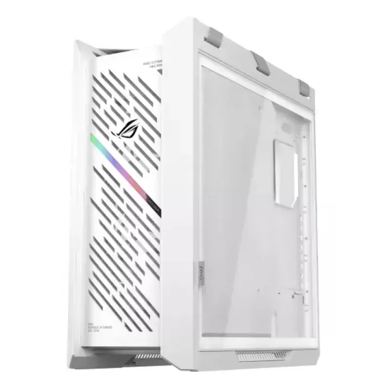 Obudowa PC ASUS ROG Strix Helios II Midi Tower Biała — obsługuje EATX/ATX/Micro‑ATX/Mini‑ITX, 3x140mm z przodu + 1x140mm z tyłu, 2×3,5 cala + 4×2,5 cala zatoki, hartowane szkło