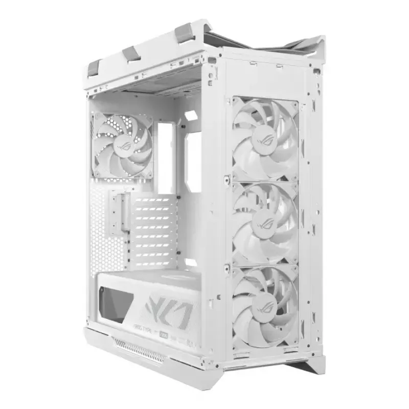 Obudowa PC ASUS ROG Strix Helios II Midi Tower Biała — obsługuje EATX/ATX/Micro‑ATX/Mini‑ITX, 3x140mm z przodu + 1x140mm z tyłu, 2×3,5 cala + 4×2,5 cala zatoki, hartowane szkło