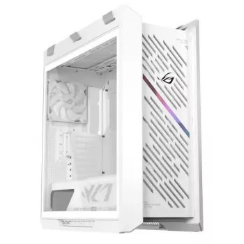 Obudowa PC ASUS ROG Strix Helios II Midi Tower Biała — obsługuje EATX/ATX/Micro‑ATX/Mini‑ITX, 3x140mm z przodu + 1x140mm z tyłu, 2×3,5 cala + 4×2,5 cala zatoki, hartowane szkło