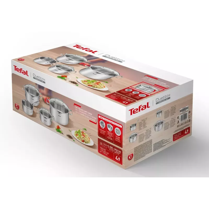 Zestaw garnków Tefal Duetto+ G719S7, stal nierdzewna, 7 szt. (rondle Ø16/20/24 cm, garnek Ø16 cm), indukcja, pokrywki, piekarnik do 250°C