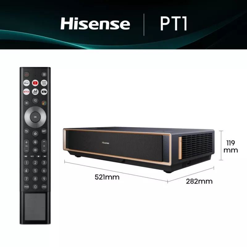 Projektor HISENSE PT1 3D Smart TV, natywne 16:9, Wi‑Fi i Ethernet, HDR (HLG), HDMI 2.0/2.1, czarny