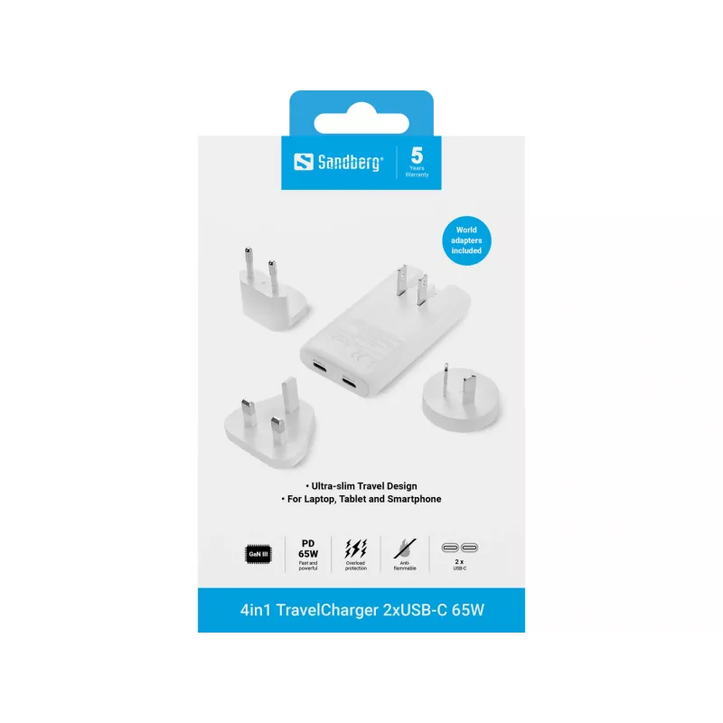Sandberg 4in1 TravelCharger 65W biały, do użytku wewnętrznego, AC, 20 V, biały