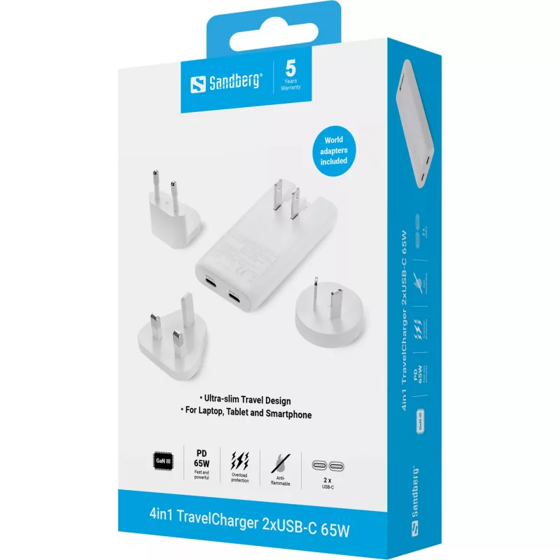 Sandberg 4in1 TravelCharger 65W biały, do użytku wewnętrznego, AC, 20 V, biały