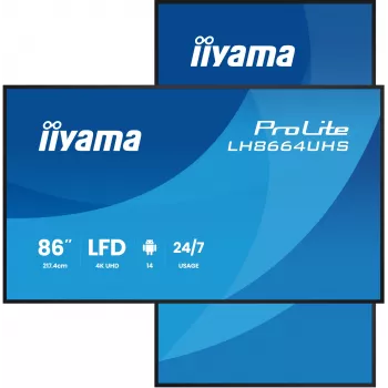 Cyfrowy płaski panel reklamowy IIYAMA LH8664UHS-B3AG — 85,6 cala (2,17 m) 3840x2160 4K IPS, 450 cd/m², Wi‑Fi, Android, 24/7, czarny