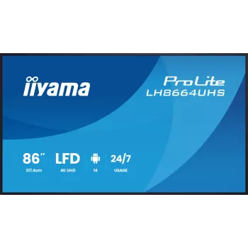 Cyfrowy płaski panel reklamowy IIYAMA LH8664UHS-B3AG — 85,6 cala (2,17 m) 3840x2160 4K IPS, 450 cd/m², Wi‑Fi, Android, 24/7, czarny