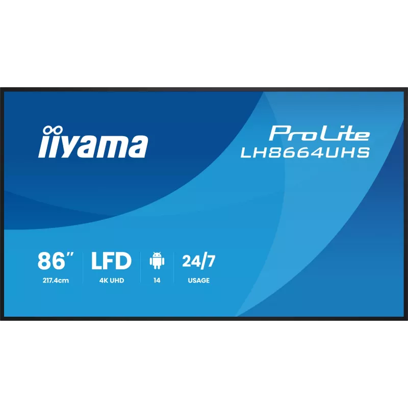 Cyfrowy płaski panel reklamowy IIYAMA LH8664UHS-B3AG — 85,6 cala (2,17 m) 3840x2160 4K IPS, 450 cd/m², Wi‑Fi, Android, 24/7, czarny