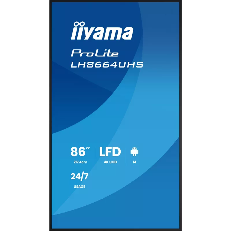 Cyfrowy płaski panel reklamowy IIYAMA LH8664UHS-B3AG — 85,6 cala (2,17 m) 3840x2160 4K IPS, 450 cd/m², Wi‑Fi, Android, 24/7, czarny