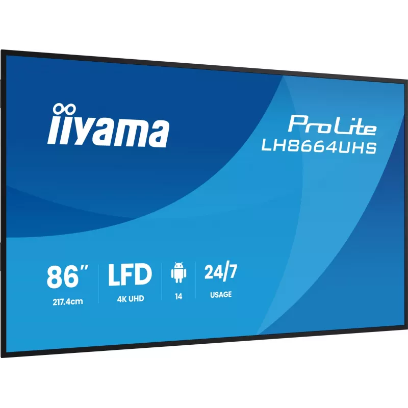 Cyfrowy płaski panel reklamowy IIYAMA LH8664UHS-B3AG — 85,6 cala (2,17 m) 3840x2160 4K IPS, 450 cd/m², Wi‑Fi, Android, 24/7, czarny