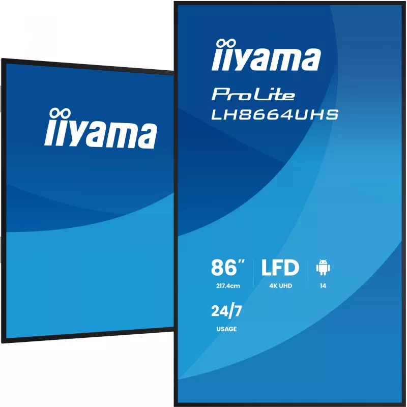 Cyfrowy płaski panel reklamowy IIYAMA LH8664UHS-B3AG — 85,6 cala (2,17 m) 3840x2160 4K IPS, 450 cd/m², Wi‑Fi, Android, 24/7, czarny