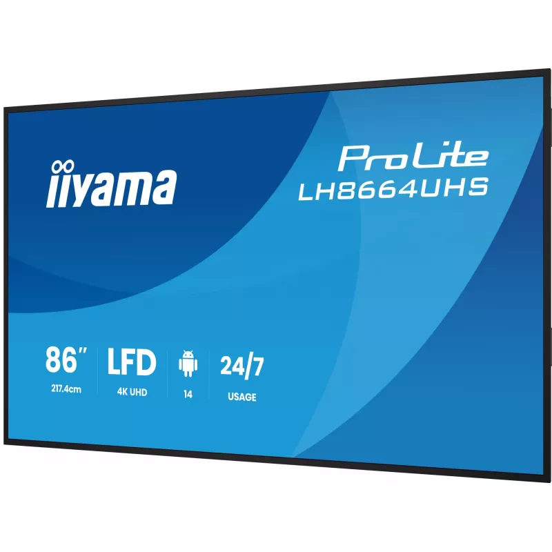 Cyfrowy płaski panel reklamowy IIYAMA LH8664UHS-B3AG — 85,6 cala (2,17 m) 3840x2160 4K IPS, 450 cd/m², Wi‑Fi, Android, 24/7, czarny