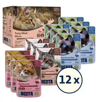 Mokra karma dla kota BOZITA 9116321 12×85 g — saszetki dla dorosłych kotów bezzbożowe z wołowiną, jeleniem, wątróbką drobiową (wilgotna, 82% wilgotności)