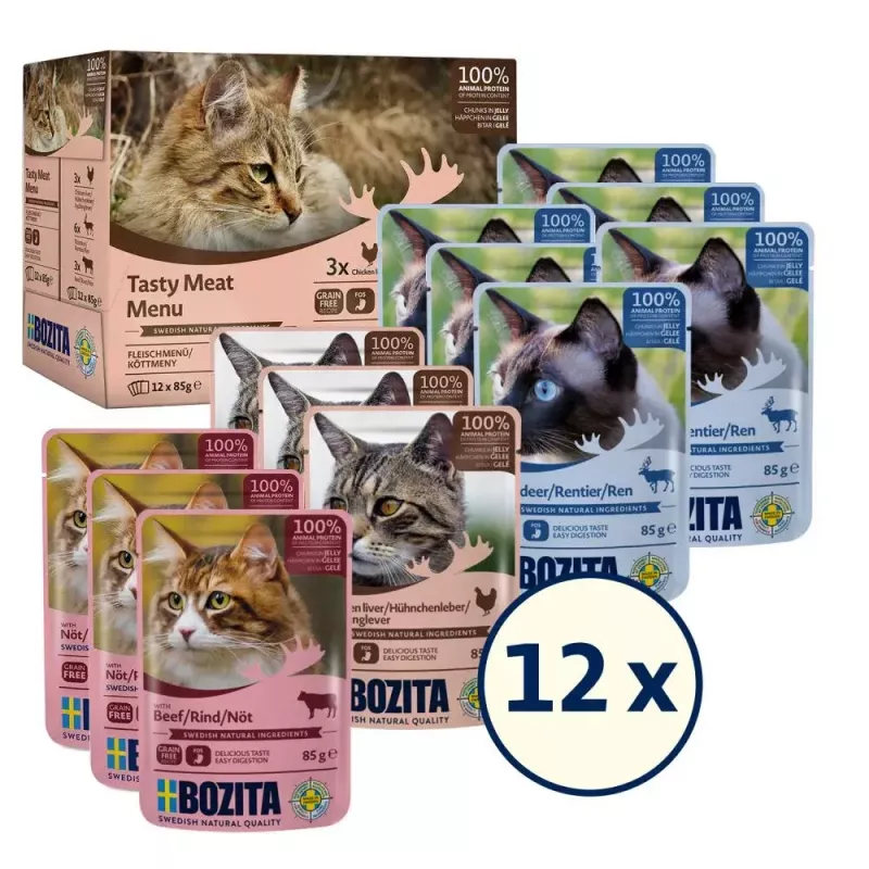 Mokra karma dla kota BOZITA 9116321 12×85 g — saszetki dla dorosłych kotów bezzbożowe z wołowiną, jeleniem, wątróbką drobiową (wilgotna, 82% wilgotności)