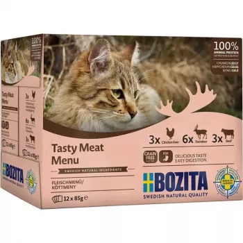 Mokra karma dla kota BOZITA 9116321 12×85 g — saszetki dla dorosłych kotów bezzbożowe z wołowiną, jeleniem, wątróbką drobiową (wilgotna, 82% wilgotności)