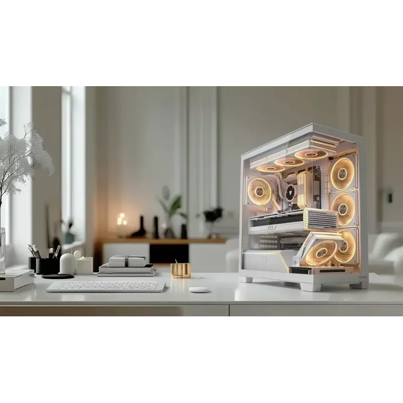 Obudowa PC MODECOM VOLCANO STELLAR PLUS ARGB MIDI 8F BIAŁA — midi tower, ATX, szkło hartowane, podświetlenie ARGB, 8 wentylatorów, GPU do 42 cm