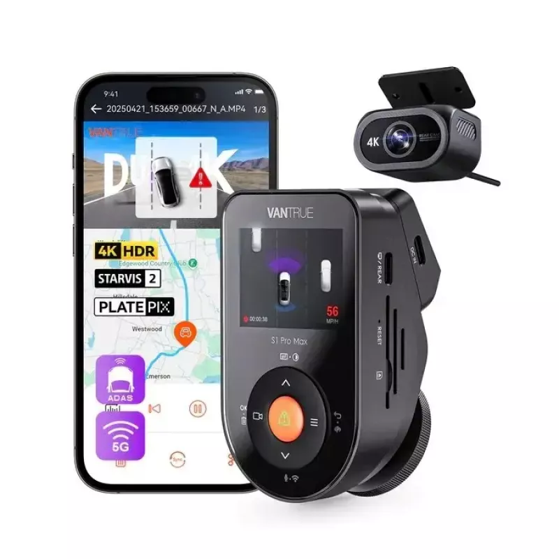 Kamera samochodowa VANTRUE S1PRO MAX — kompaktowy rejestrator 2-kanałowy, 3840×2160 F/1.8, 155° główny, Wi‑Fi, GPS, wyświetlacz 2 cale, tryb parkingowy, microSD do 1 TB