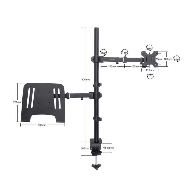 Manhattan Desk Mount for Monitors & Laptop Combo (Full Motion), ekrany: 10-27 cali, laptop do 17 cali, montaż zaciskowy, kompatybilność VESA: 75x75 i 100x100 mm, maks. 8 kg, uchwyt