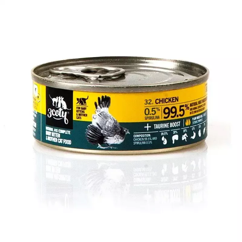 Mokra karma dla kota 3coty Kurczak ze spiruliną dla kociąt i kotek karmiących 80 g, karma pełnoporcjowa, 19% białka, 8% tłuszczu