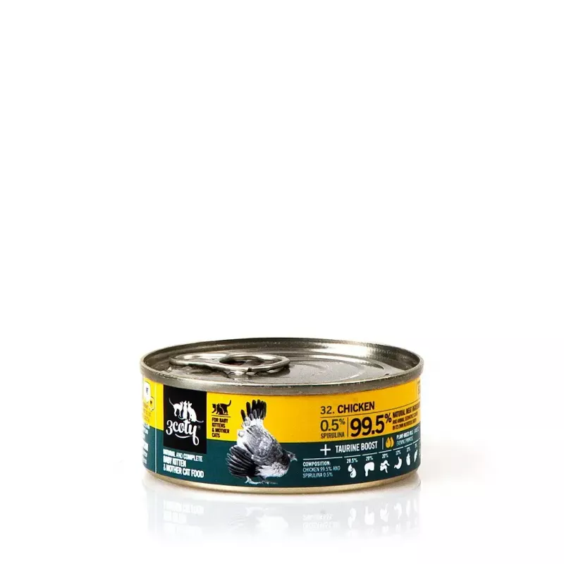 Mokra karma dla kota 3coty Kurczak ze spiruliną dla kociąt i kotek karmiących 80 g, karma pełnoporcjowa, 19% białka, 8% tłuszczu