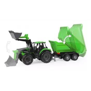 Mechaniczny traktor-zabawka Lena Deutz-Fahr Worxx o długości 74 cm z odczepianą przyczepą