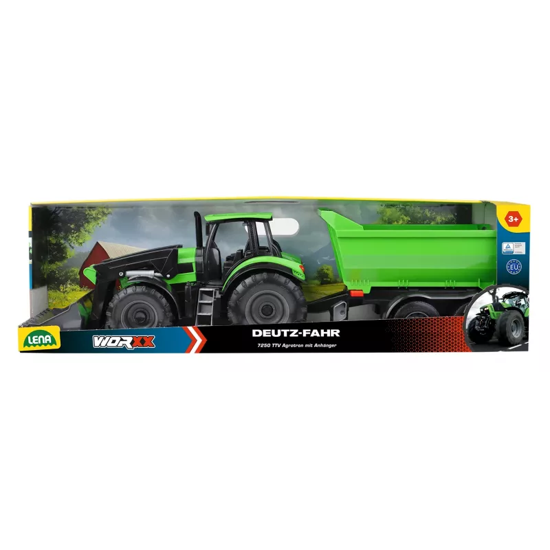 Mechaniczny traktor-zabawka Lena Deutz-Fahr Worxx o długości 74 cm z odczepianą przyczepą