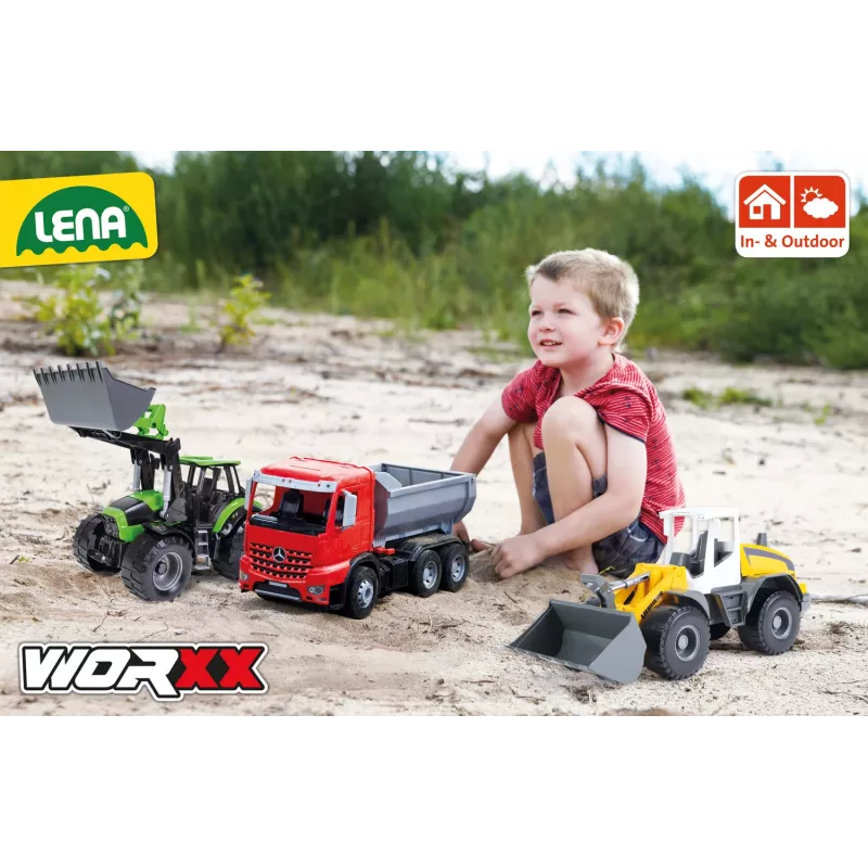 Mechaniczny traktor-zabawka Lena Deutz-Fahr Worxx o długości 74 cm z odczepianą przyczepą