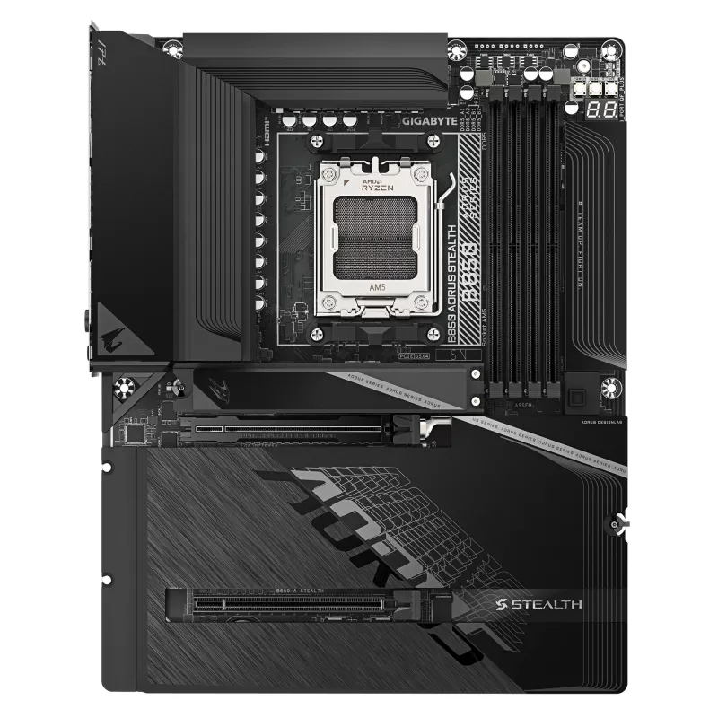 Płyta główna GIGABYTE B850 AORUS STEALTH — ATX, Socket AM5, AMD B850, DDR5 do 8200 MHz (OC), 14+2+2 VRM, 2x PCIe 5.0, 2x PCIe 4.0 M.2, Wi‑Fi 7, 5 GbE