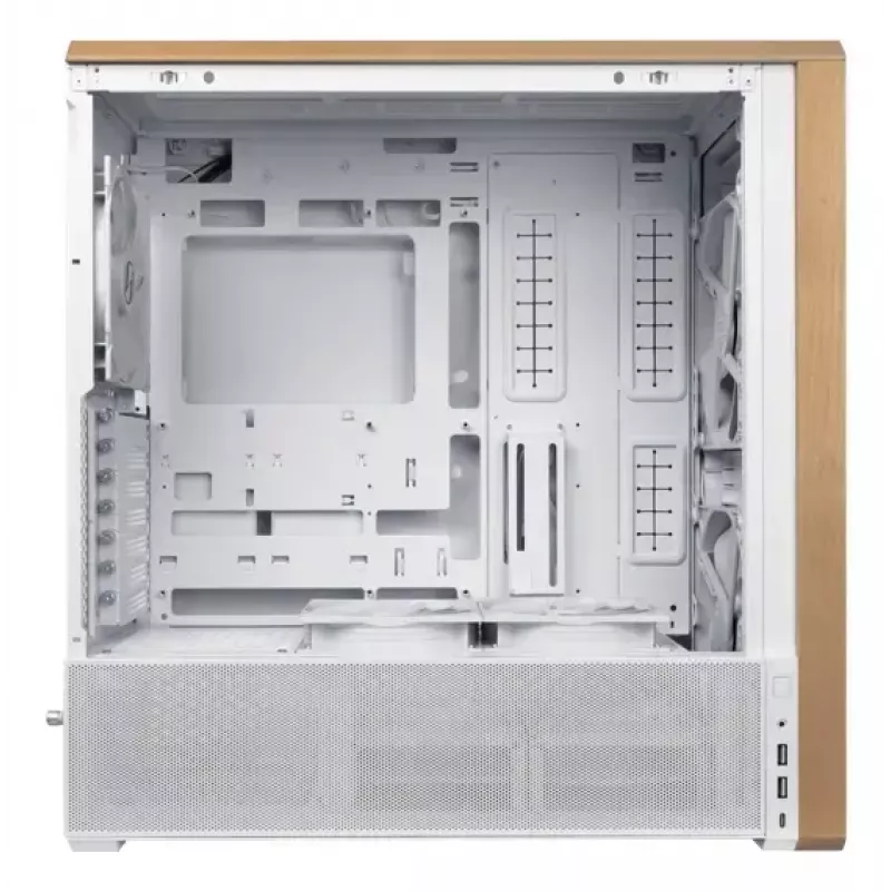 Obudowa PC Lian Li Lancool 217 Midi Tower — Biała i drewno, obsługuje ATX/EATX/Micro-ITX, 2x120 mm przód, 1x140 mm tył, 1×3,5 cala + 8×2,5 cala