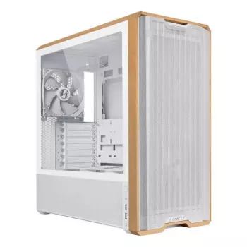 Obudowa PC Lian Li Lancool 217 Midi Tower — Biała i drewno, obsługuje ATX/EATX/Micro-ITX, 2x120 mm przód, 1x140 mm tył, 1×3,5 cala + 8×2,5 cala