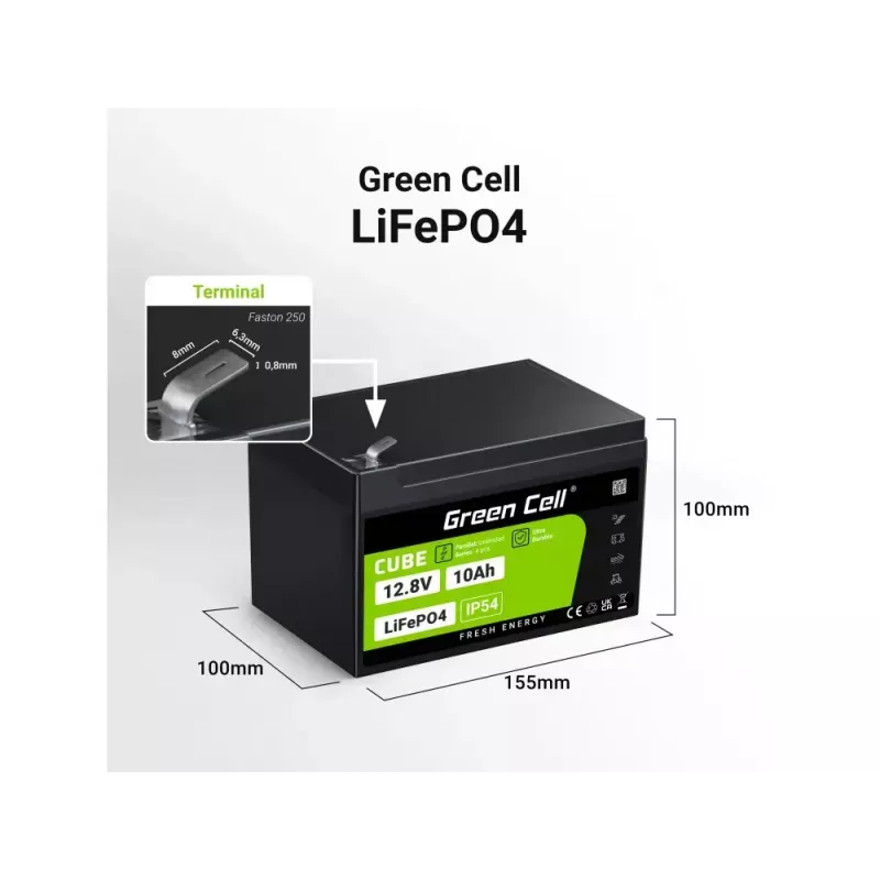 Akumulator przemysłowy zielony Cell LFPGC12V10AH 12,8 V 10 Ah LiFePO4, 155x100x100 mm, 2 kg