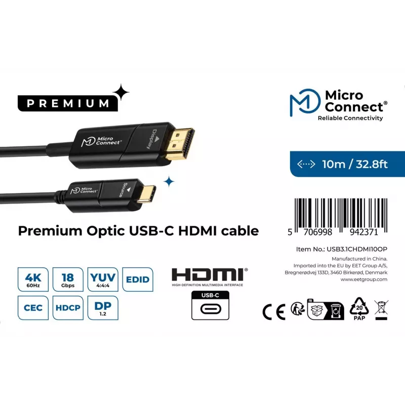 Microconnect USB3.1CHDMI10OP adapter kabla wideo 10 m USB Type-C HDMI Czarny