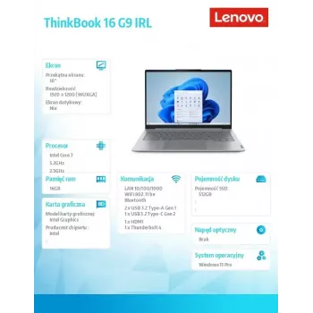 Laptop Lenovo ThinkBook 16 G9 21US007PPB, Intel 7 240H, 16.0 cali WUXGA, 16 GB RAM, 512 GB SSD, Windows 11 Pro, Luna szary, 3 lata gwarancji