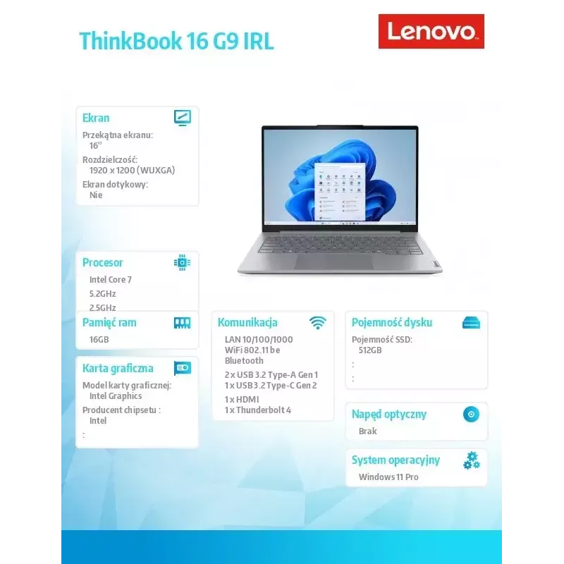 Laptop Lenovo ThinkBook 16 G9 21US007PPB, Intel 7 240H, 16,0 cala WUXGA, 16 GB RAM, 512 GB SSD, Windows 11 Pro, Luna szary, 3 lata gwarancji