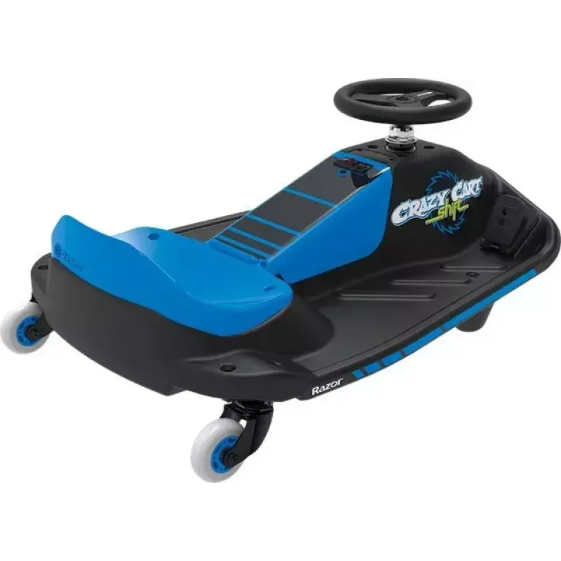 Elektryczny gokart driftowy Razor Crazy Cart Shift — niebieski, silnik 90 W, akumulator 12 V, do 13 km/h, maks. waga użytkownika 54 kg