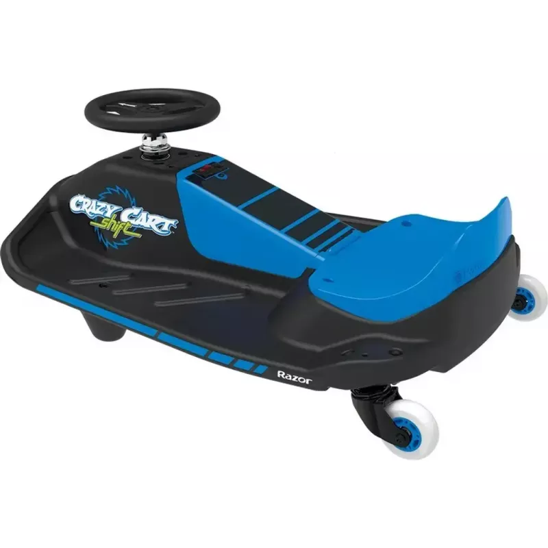 Elektryczny gokart driftowy Razor Crazy Cart Shift — niebieski, silnik 90 W, akumulator 12 V, do 13 km/h, maks. waga użytkownika 54 kg