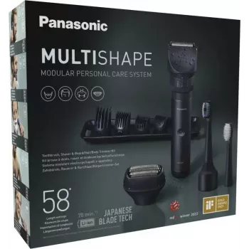 Trymer podróżny Panasonic X-Shape Travel — niebieski, bateria litowo-jonowa, wbudowana, wielofunkcyjne nasadki (broda, ciało, włosy, golarka foliowa, szczoteczka do zębów), 1–30 mm, 196×49×43 mm